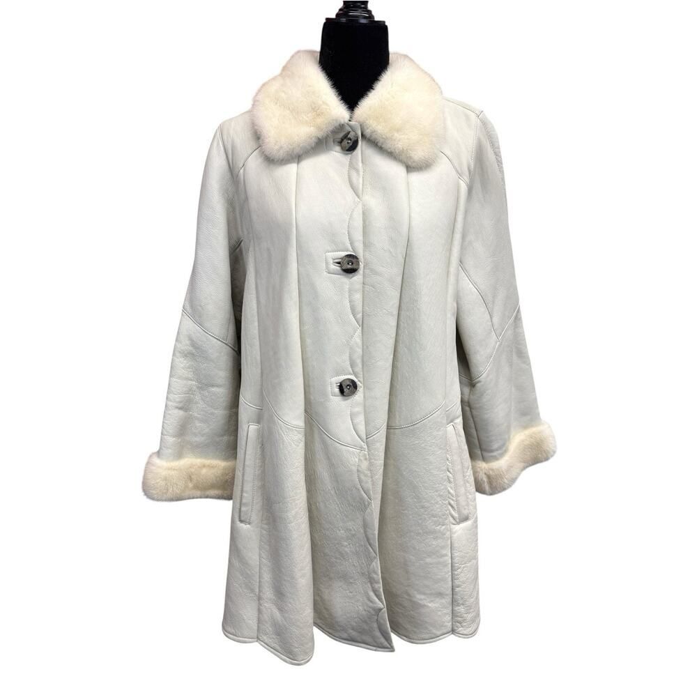 Pellacci Genuine Leather Shearling Coat Fur Trim Jacket USA Small White